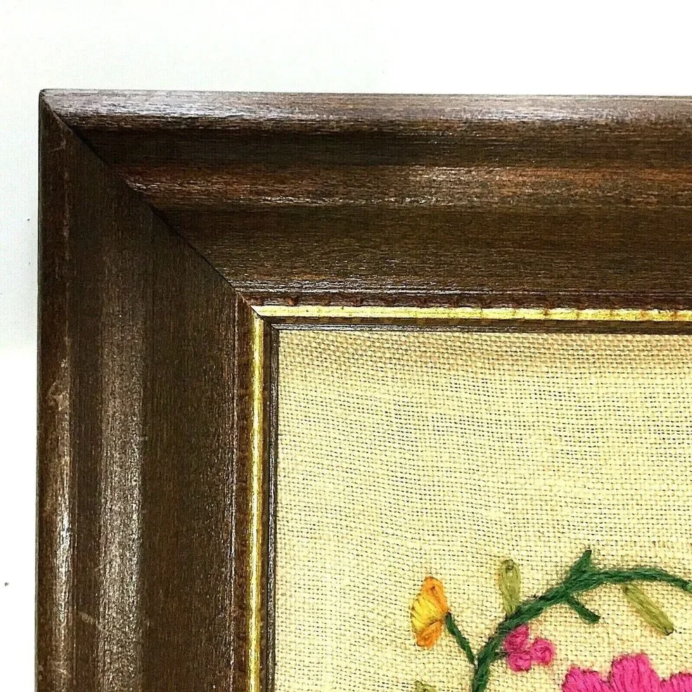 Antique Framed Mirror Crewel Embroidery Jacobean Sampler Linen Wool Floral Bird